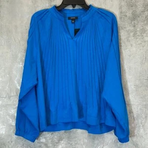 ALFANI Women's Vivid Sky Ruffled Mandarin Collar V-Neck Pleated Long Sleeve Top - Picture 1 of 9