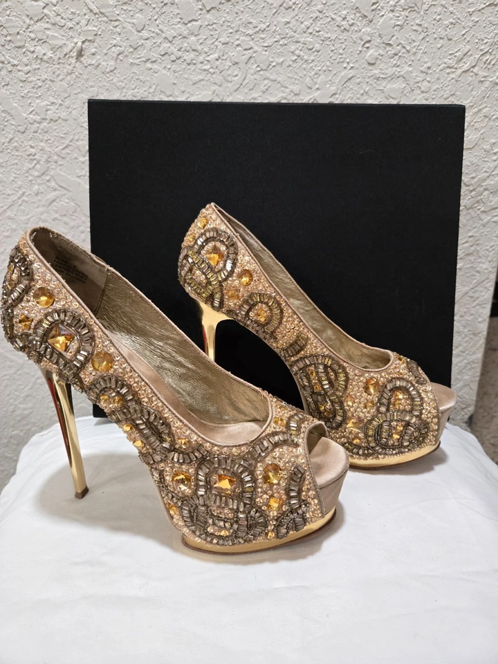 RARE ZiGiNY Black Label Romi Gold Jewel Gem Rhinestone Platform Stilettos - Изображение 1 из 4