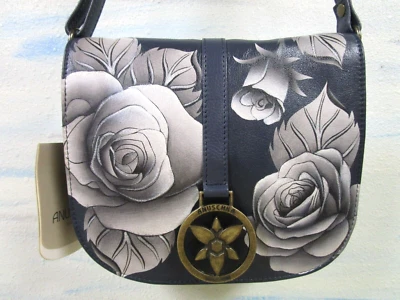 Bandolera de cuero Anuschka rosas románticas azul marino pequeña pintada a mano nueva con etiquetas Foto 1 de 4