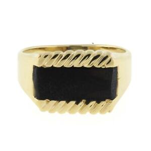 Men's Onyx Bar Ring 14K Yellow Gold Ridged Design 16 x 7 mm Size 11.25 Estate