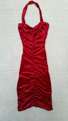 VINTAGE 90'S CONTEMPO CASUALS RED CRUSHED VELVET RUCHED HALTER DRESS XS - Image 1 of 4