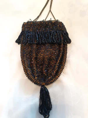 Preciosa cartera vintage azul carnaval con cuentas de vidrio, anillo cadena cordón Foto 1 de 4