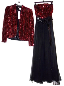 NEIMAN MARCUS Vintage 80s Red Black Beaded Sequin Gown Jacket S/M - Picture 1 of 10
