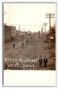 WOODSTOCK ILLINOIS RPPC~ Traction RAILROAD Depot & tracks ~ Oliver wistle blows - Picture 1 of 2