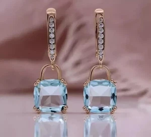 3Ct Cushion Simulated Aquamarine Drop Clip On Earrings In 14k Rose Gold Plated - Picture 1 of 6