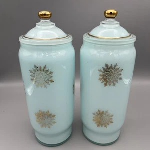 Vtg powder blue &gold glass apothecary jars  Mid Century bathroom or Vanity - Picture 1 of 11