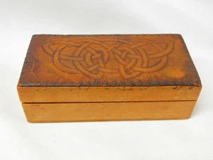 Vintage Handmade WOODEN BOX Chest with Hinged Embossed LEATHER LID 4.5x2.25" - Picture 1 of 7