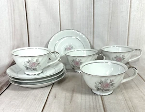 EMPRESS CHINA ROSITA Tazas de té Platillos Platos de postre Lote 4 Blanco Plata Rosa - Imagen 1 de 8