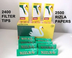 NEW 2500 RIZLA GREEN ROLLING PAPERS + 2400 SWAN EXTRA SLIM FILTER TIPS ORIGINAL - Picture 1 of 3