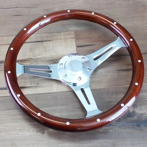 14" Inch Slotted 3 Spoke Steering Wheel Riveted Wood Grip, 6 Hole Classic Euro - Picture 1 of 10