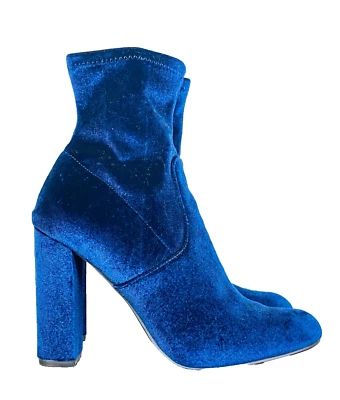 Botas STEVE MADDEN de veludo azul, bota de salto alto no tornozelo estilo vintage stretch 8,5 - Imagem 1 de 4
