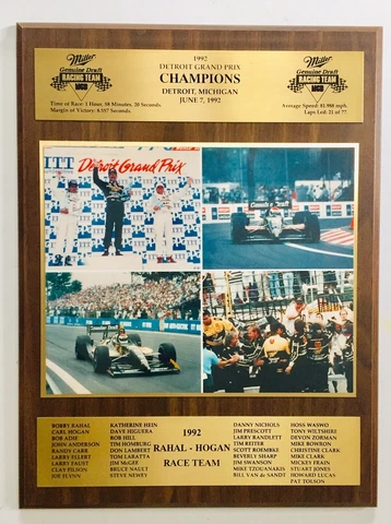 Rare 1992 Hogan-Rahal Race Team Indy Car Detroit Grand Prix Champions Plaque #2 Cover
