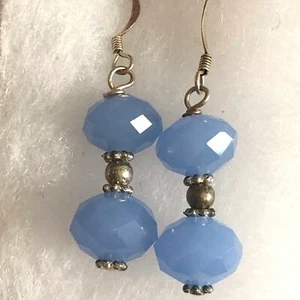 Blue Dangle Earrings Faceted Glass Sterling Silver Beads Hook Pierced - Picture 1 of 10