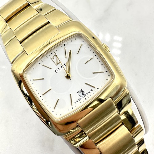 Orologio GUCCI 8500M Data 35 mm Acciaio Inox Oro Quadrante Bianco Batteria Nuova Taglia 7""