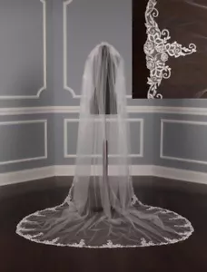 St. Pucchi M9339 Diamond White Silver Embroidered Edge Chapel Length Bridal Veil - Picture 1 of 11