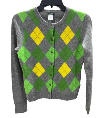 J.Crew Vintage Y2K Cárdigan Lana Cachemira Gris y Verde Argyle Preppy Academia S Foto 1 de 4