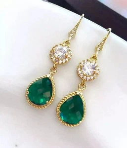 Natural Emerald 4Ct Pear Cut Drop & Dangle Earrings 14K Yellow Gold Plated - Picture 1 of 6