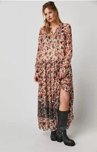 Free People Small See It Through Maxi Abito Manica Lunga Floreale Nero Combo Nuovo senza etichette - Foto 1 di 9