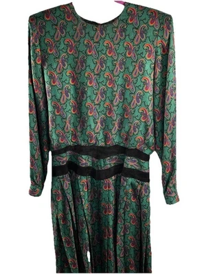 Neiman Marcus  Long Sleeve Dress Women's 10 Green Black Paisley Retro 80s READ - Image 1 of 4
