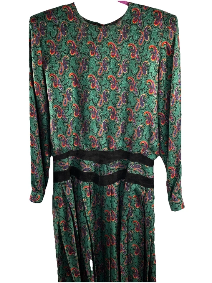 Neiman Marcus  Long Sleeve Dress Women's 10 Green Black Paisley Retro 80s READ - Image 1 of 4