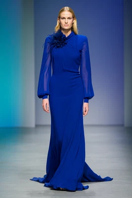 Badgley Mischka Collection Modest Cobalt Blue Feather Gown sz 0 Sample $2,800 - Image 1 of 4
