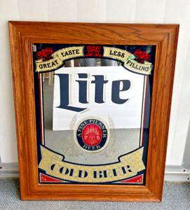 1990s Miller Lite Beer Wood Framed Mirror Sign Man Cave Garage USA