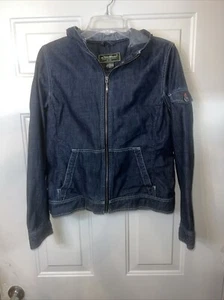 Eddier Bauer Womens Denim Jacket Hoodie M Y2K Blue Dark Wash Cotton Full Zip - Bild 1 von 10
