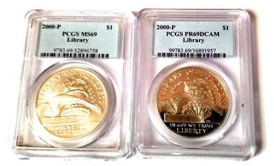 2000-P Library of Congress $1 PCGS MS69 &PF-69 Modern Commemorative Silver - Image 1 of 2