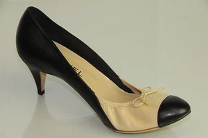Nuevo CHANEL Negro Cuero Beige Cc Logo Tacones Zapatos de Tacón Elástico 39.5 - Imagen 1 de 13