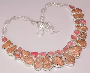 Natural Pink Rhodochrosite Copper Nuggets 925 Sterling Silver Plated Necklace - Picture 1 of 2