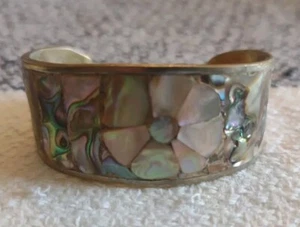MEXICO Vintage Wide Cuff Bracelet Abalone Mother of Pearl Flower Alpaca - Picture 1 of 4