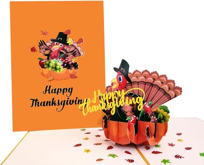 3D Thanksgiving Turkey Pop-Up Card – Funny Fall Pumpkin Design with Pilgrim Hat  - Image 1 of 4