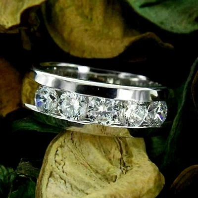 Anel de aliança de casamento masculino folheado a ouro branco 14k 1,00 ct redondo moissanita cinco pedras - Imagem 1 de 4