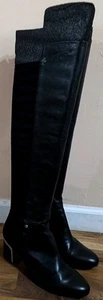 Vintage DKNY kniehohe Stiefel Chrom, Leder & Stoff dehnbar Größe 9 Medium - Bild 1 von 15
