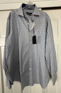 Bugatchi Classic Fit ButtonUp Shirt Large Blue Timepiece Print Contrast Cuff NWT - Picture 1 of 11