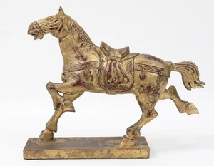 Chinesische Vintage 10" x 12" handgeschnitzte Holzfigur vergoldet galoppierend Kriegspferd - Bild 1 von 11