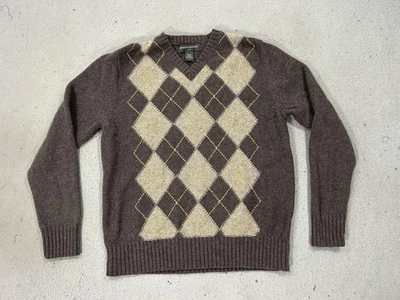 Свитер мужской Banana Republic средний коричневый аргайл с V-образным вырезом шерсть ягненка вязаный дедушка - Изображение 1 из 4