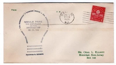 #654 Electric Light Edison 1929 FDC - Elliott Unofficial u/o Glenridge NJ - Image 1 of 2