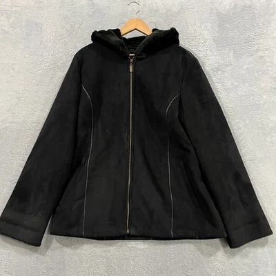 Chaqueta para mujer Marvin Richards grande imitación gamuza imitación piel abrigo con capucha cremallera negra Foto 1 de 4