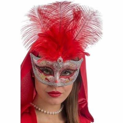 01336-1 MASCHERA PLASTICA GLITTER ROSSI ARGENTO GEMMA PIUME CARNEVALE HALLOWEEN - Immagine 1 di 2