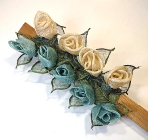 Napkin Rings Set of 9 Fabric Flower Rose Buds Ivory & Aqua - Picture 1 of 7