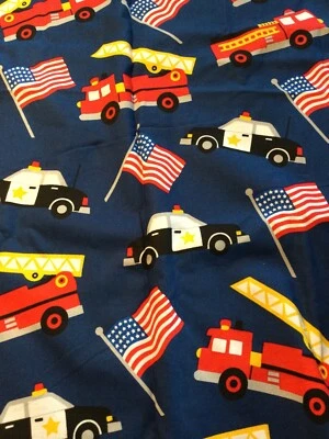 1  2/3 Yards Vintage Emergency Vehicle Fabric Fire Police Flags Navy Background - Image 1 of 3