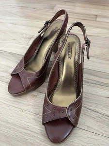 Anthropologie Leather SEYCHELLES Heels 9.5 Brown Cognac Studded Slingback Wood - Picture 1 of 8