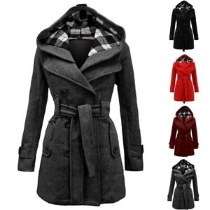 Warm Winter Women's DoubleBreasted Coat Girls Belted Long Hooded Jacket