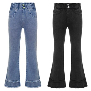Kids Girls Flared Leg Denim Pants Raw Hem Denim Trousers Bell Bottom with Pocket - Picture 1 of 26