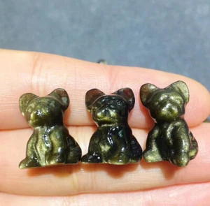 3PC Natural Gold Obsidian dog Carved Quartz Crystal Skull Reiki Healing Gift - Picture 1 of 6