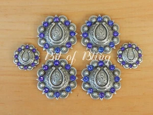 Antique Silver Round Berry Horseshoe Saddle Concho Set Heliotrope - Picture 1 of 3