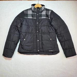 Abrigo Chaqueta Eddie Bauer Puffer Negro y Gris Borde a Cuadros Búfalo Para Mujer M - Imagen 1 de 10