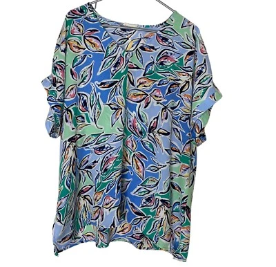 Blusa Algodón Azul 1X Estampado de Hojas Azul Verde Pullover Top Manga Gorra Hecha en EE. UU. Foto 1 de 4