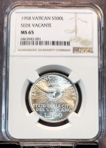 1958 VATICAN SILVER 500 LIRE S500L SEDE VACANTE NGC MS 65 GEM BU NICE LUSTER - Picture 1 of 3